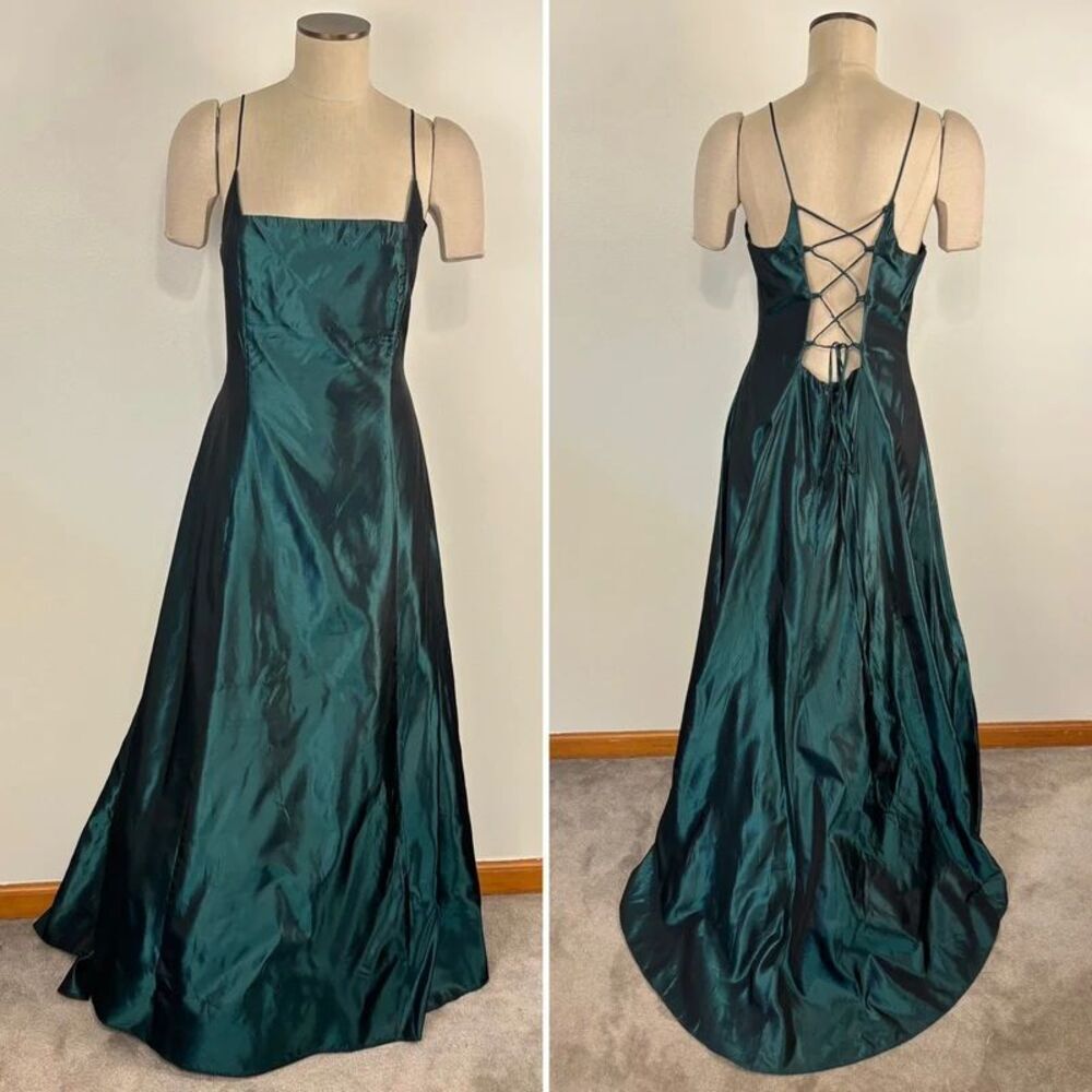 VTG Hyphen Prom Dress Sz 13/14 Emerald Green Iridescent Lace Up Corset Back Gown - Picture 16 of 16